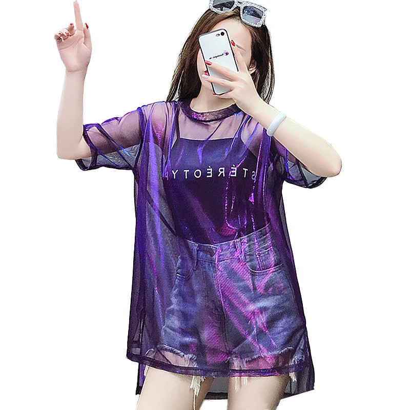 2018 Harajuku Transparent T shirt Women Summer Letter Print T-shirt Punk plus size Shining Mesh Tops Short Sleeve tshirt women
