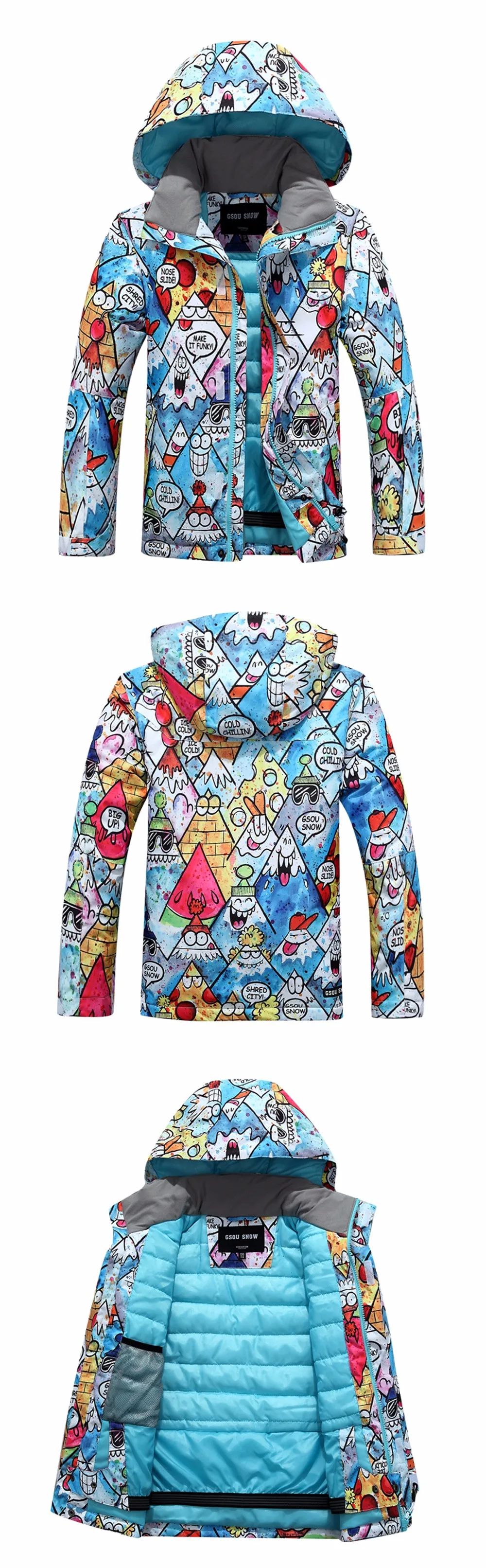 GSOU/лыжная куртка для детей; зимняя верхняя одежда для мальчиков; куртки для сноуборда; Детские очень теплые зимние пальто с разноцветным рисунком граффити