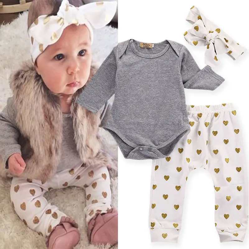 

2017 Infant Baby Girls Clothes T-shirt Romper+Pants Leggings+Headband Set 3pcs