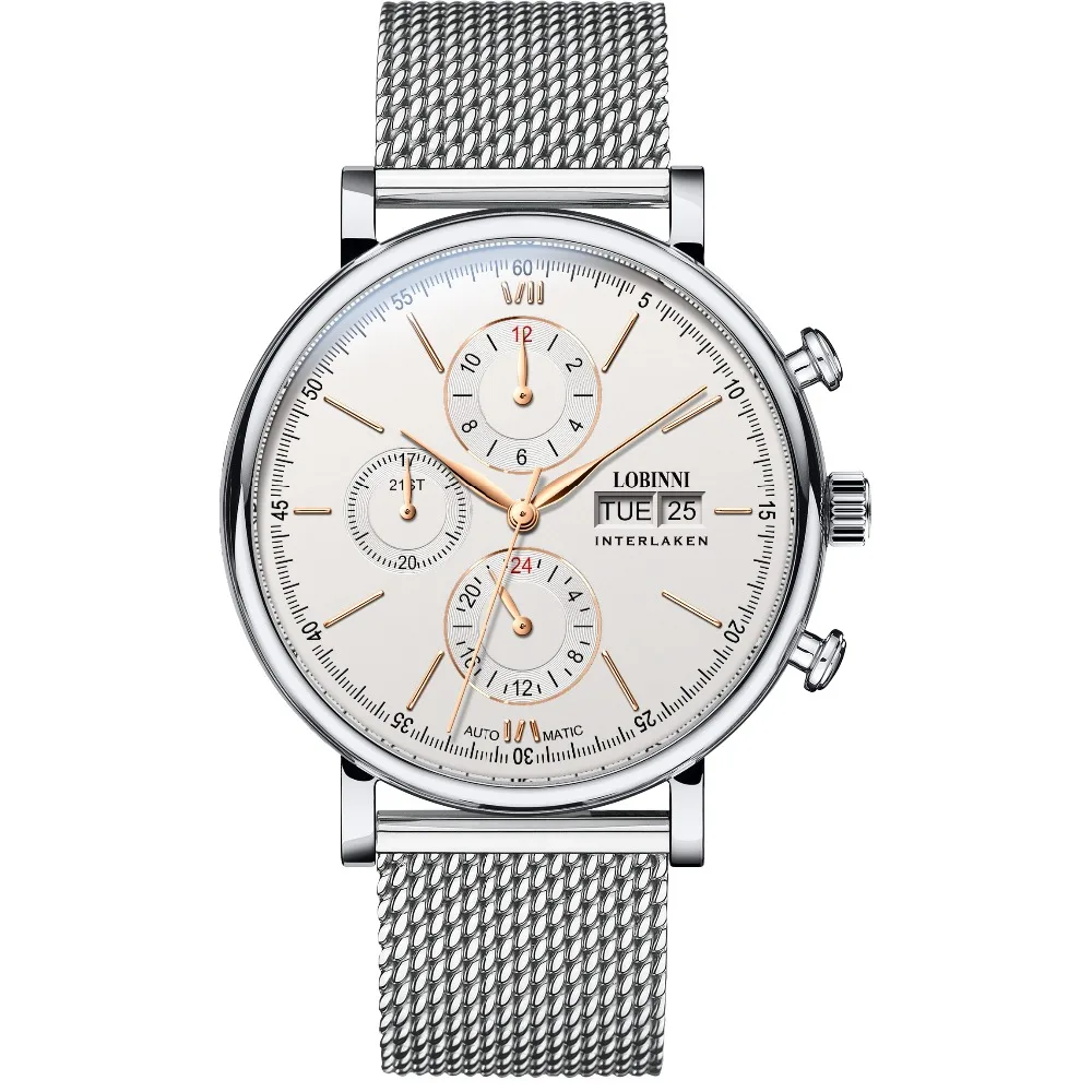 

LOBINNI Mens 50M Waterproof Business Triple Windows Automatic Mechanical Dress Wrist Watch With Week,Date,Month - Silver