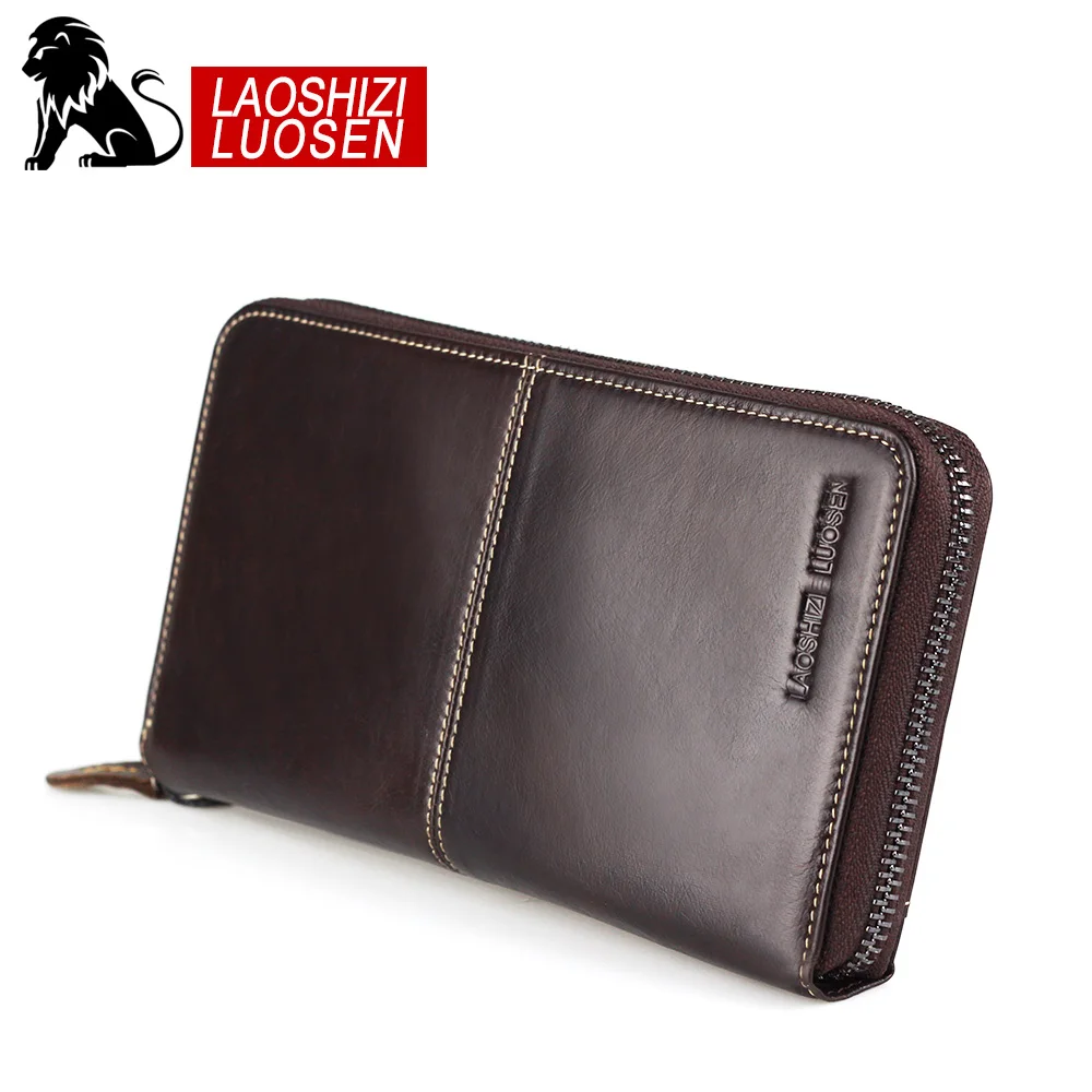 

LAOSHIZI LUOSEN Genuine Leather long wallet men pruse male clutch zipper around wallets men women money bag pocket mltifunction