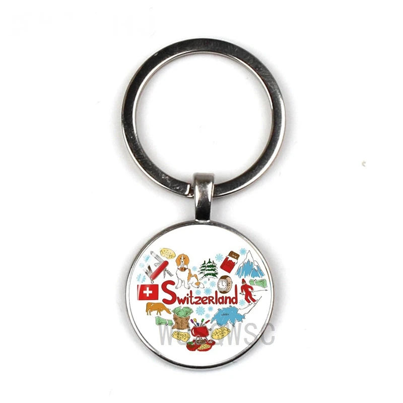 

2019 New National Style Key Chain Switzerland Impressionist Keychain Glass Round Keyring Silver Black Bronze Keychain Jewelry