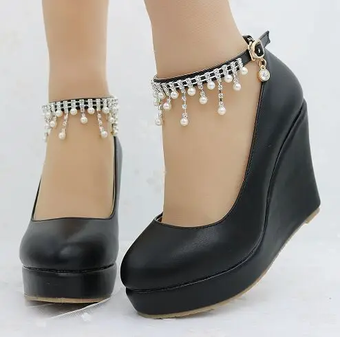 Туфли-танкетки на высоком каблуке с ремешком на щиколотке, украшенные кристаллами; женские туфли-лодочки на высокой танкетке; sapato feminino; модельные туфли - Цвет: black