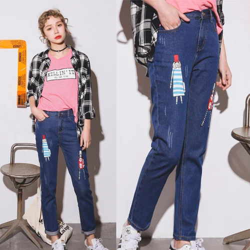 

High Waist Blue Jeans Woman 2017 Autumn Japanese Korean Fashion Casual Cartoon Painted Pattern Denim Pants Trousers jeans mujer