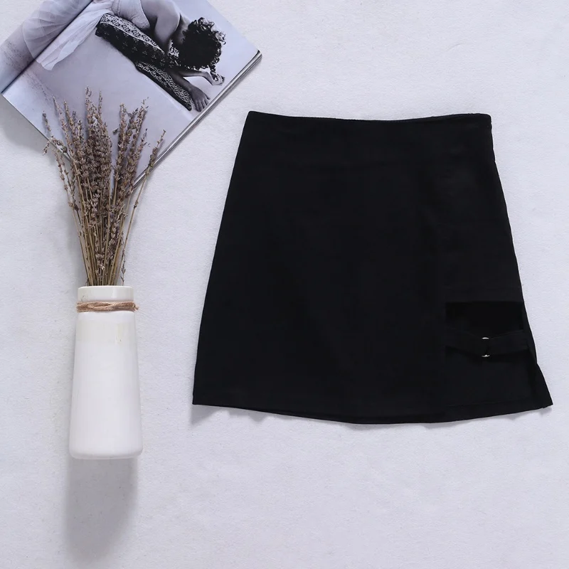 Версия черный сплошной цвет асимметричный подол А-стиль тонкий женский мини-платье Сексуальная молния микро-эластичный Высокое качество