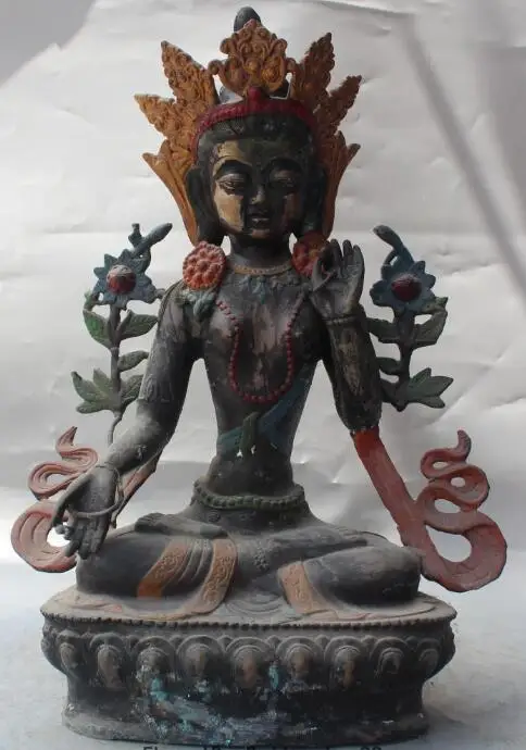 

song voge gem S6341 17" Old Curo Tibet Bronze Painting Seat 7 Eyes White Tara Goddess Buddha Statue