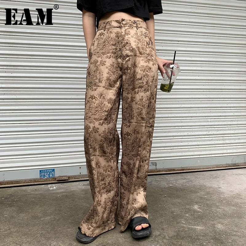 

[EAM] 2019 New Autumn Winter High Waist Loose Pattern Printed Leisure Long Wide Leg Pants Women Trousers Fashion Tide JY386