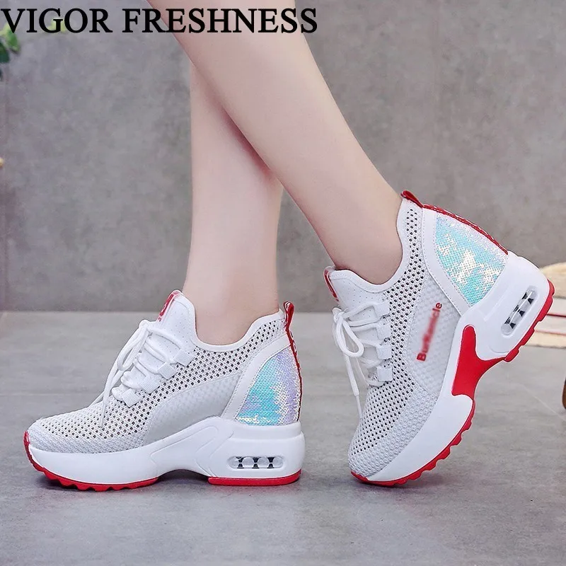 

VIGOR FRESHNESS Shoes Summer Women Sneakers Mesh 9CM Heels Eyelet White Sneakers Increase Internal Woman Platform Shoes WY559