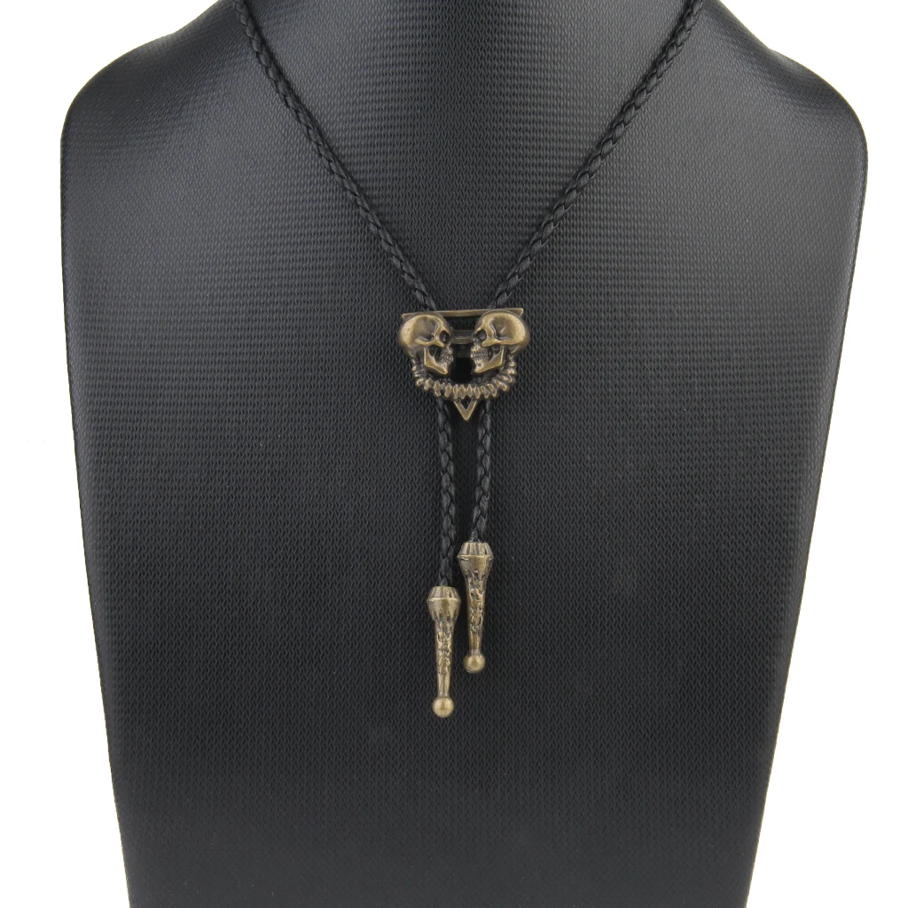 Western Cowboy American Skull Head Bolo Bola Tie Long Leather Necklace Men's Dancewear Accessories