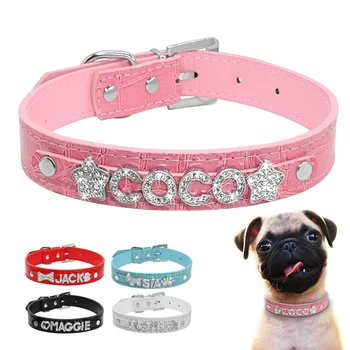 

Personalized Rhinestone Dog Collars Leather Customized Pet Puppy Cat Collar For Small Medium Dogs Free Name Charms XS S M L