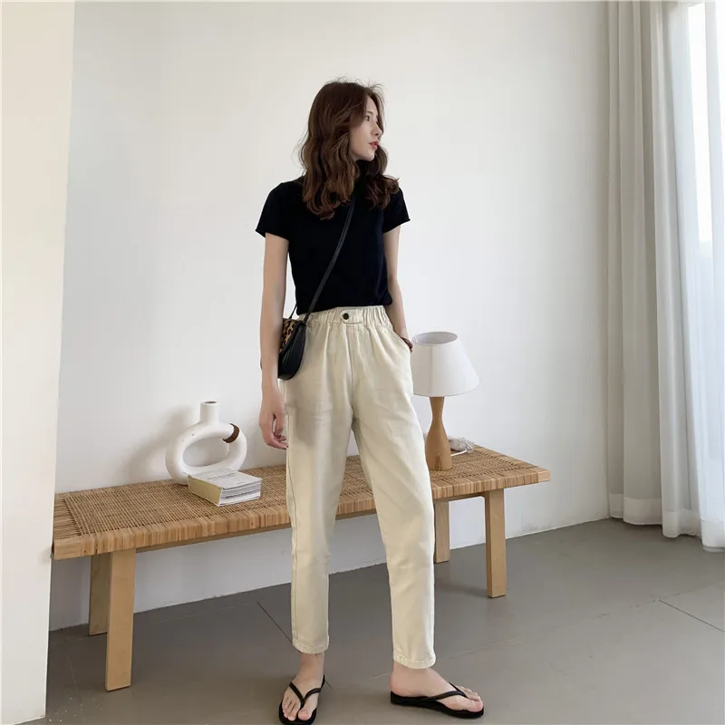 Plus Size Mom Jeans Elastic High Waist Harem Pants Vintage Casual Streetwear Solid Button Pocket Korean Harajuku Ladies Jeans