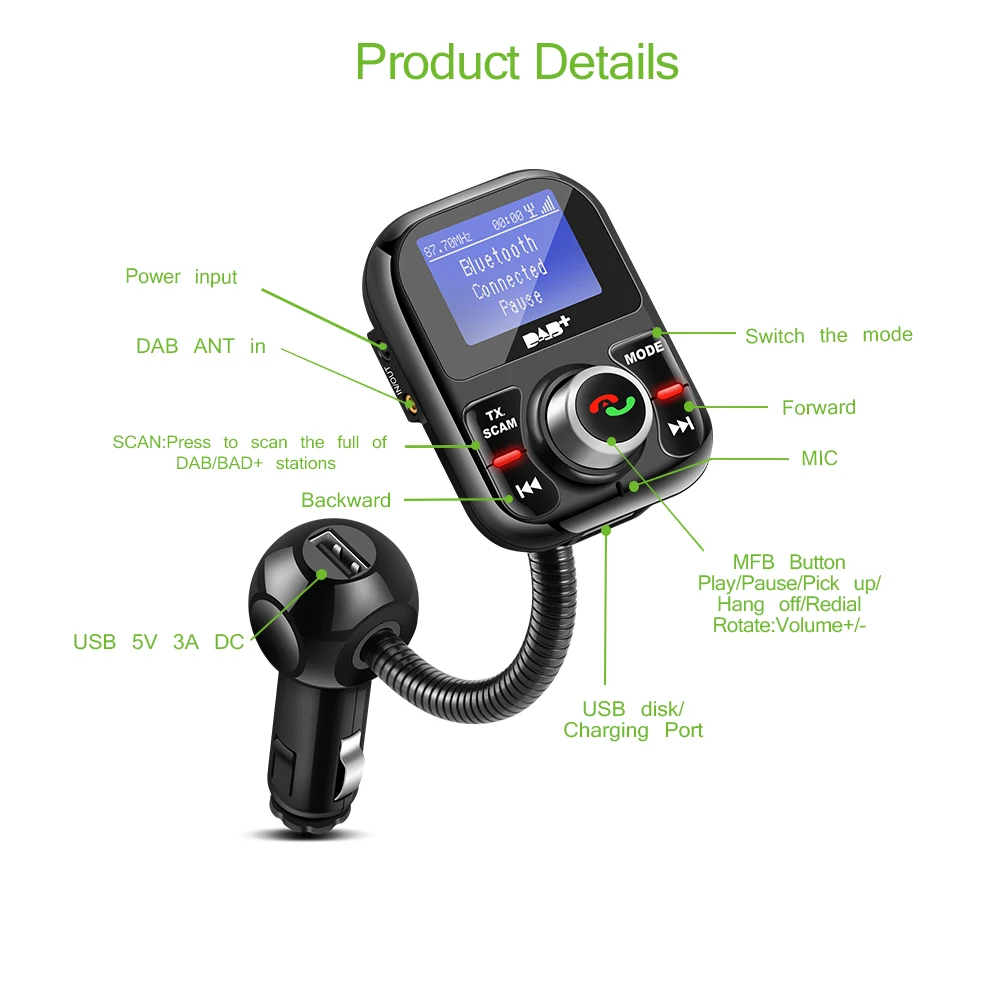

Car DAB Digital Radio In-car with FM Transmitter LCD Display Bluetooth Hands-free Kit Digital Audio Broadcast USB Charger