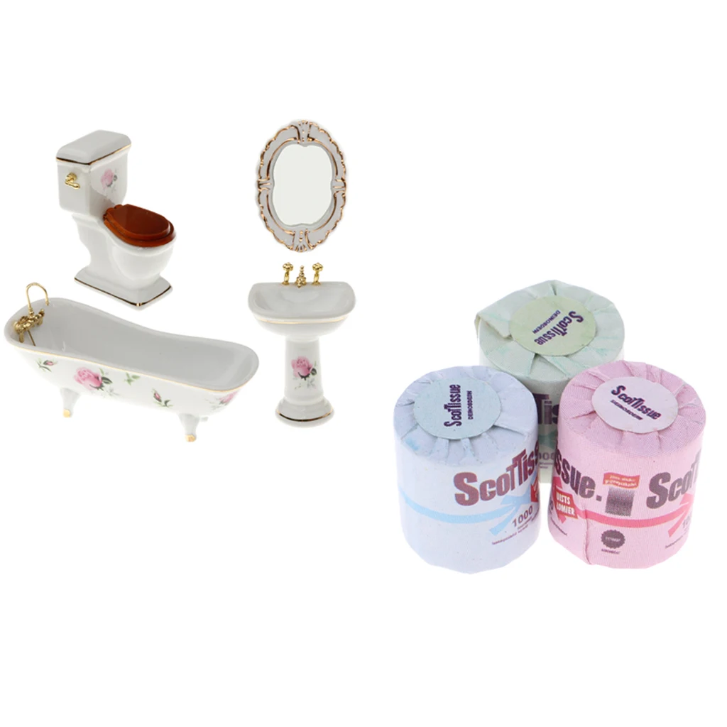 Ceramic Bathroom Floral Toilet, Bathtub Set with Toilet Paper Dollhouse Miniature for 1/12