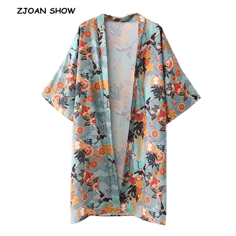 

Vintage V neck Flower Crane Bird Print Kimono Shirt 2018 Woman Batwing sleeve Mid Long Loose Silk Blouse Femme Blusas Top