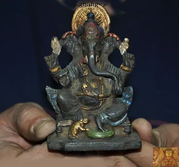 

wedding decoration 4"Tibetan Bronze Painted gold 4 arms wealth God Elephant Jambhala Mammon statue