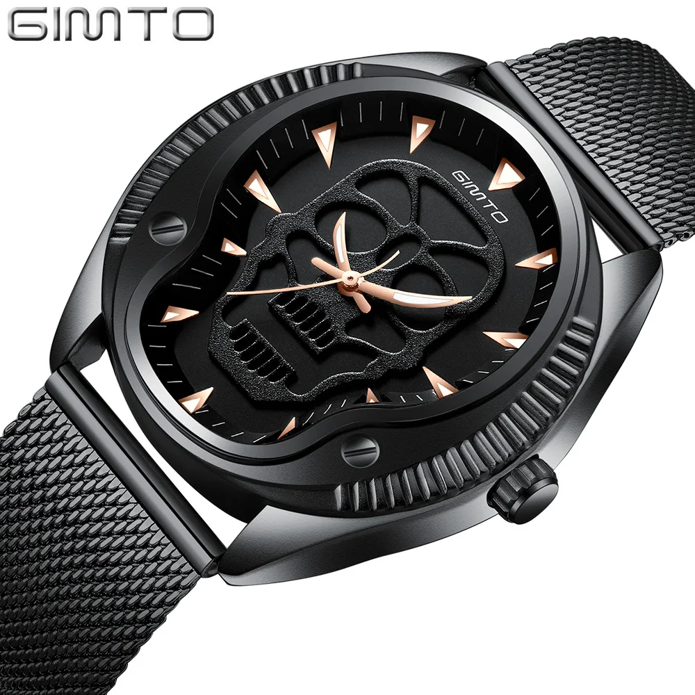 

2018 Unique Skull Men Watch GIMTO Fashion 3D Skeleton Quartz Wristwatch Vintage Male Clock Gold Black Steel Waterproof Watch