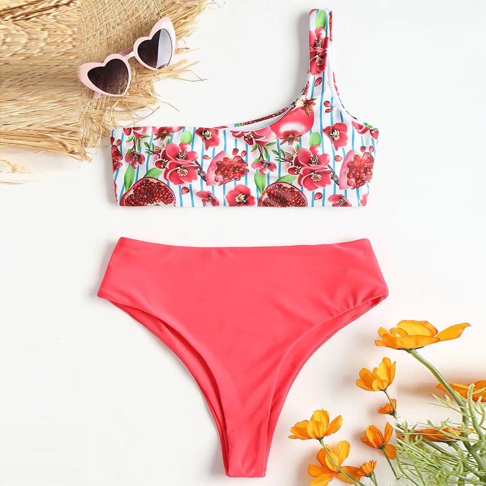

Women's Summer Beach Two Pieces Bikini Set Tube Top Swimwear Push-Up Padded Print Red One Shoulder Swimsuit Mid Waist Beachwear