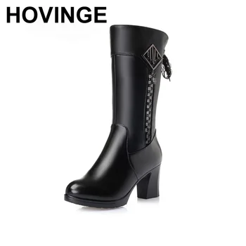 

HOVINGE Winter Genuine Leather Women's Boots, Waterproof Tops High-heeled Boots, High Boots Woolen Motorcycle Boots