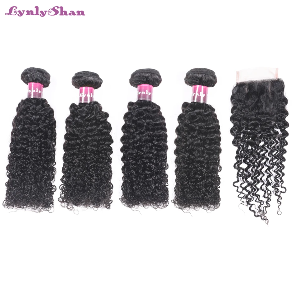 

Lynlyshan Human Hair Kinky Curly Bundles With Closure Peruvian Remy Hair With 4*4 Closure 10-28 Inch Natural Color Free Shipping