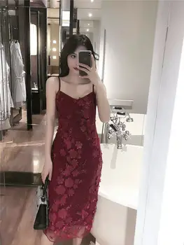 

2019 Dress Sexy Celebrity Backless Lace Strapless Strap Women Slit Floral Sleeveless Night Club Body con Party Dresses Wholesale