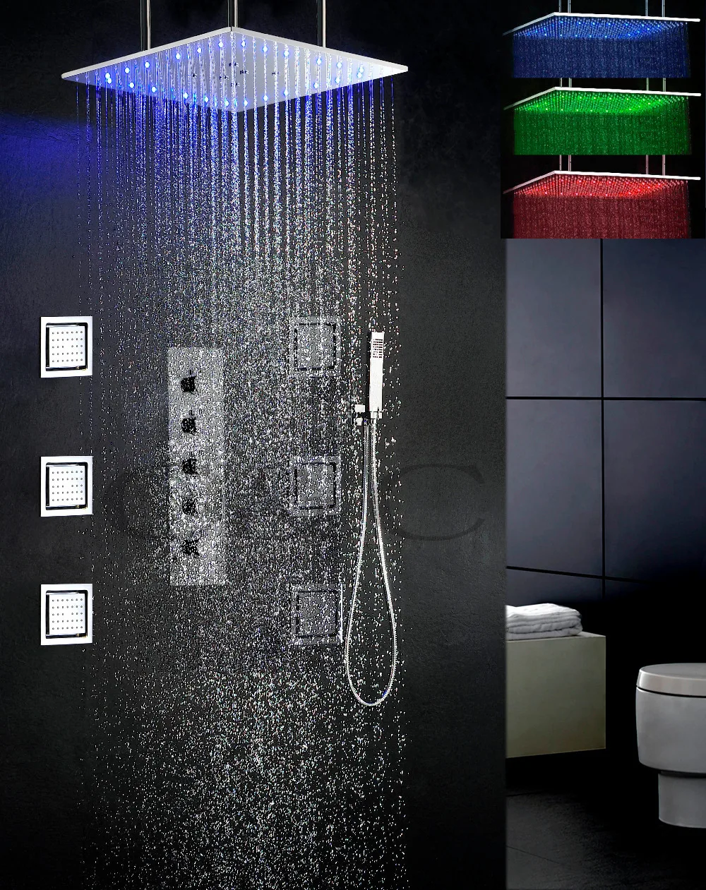 

Swash And Rain LED Bathroom Set 4 Water Functions Work Together Or Separately 20 Inch Temperature Sensitive 3 Colors Shower Head