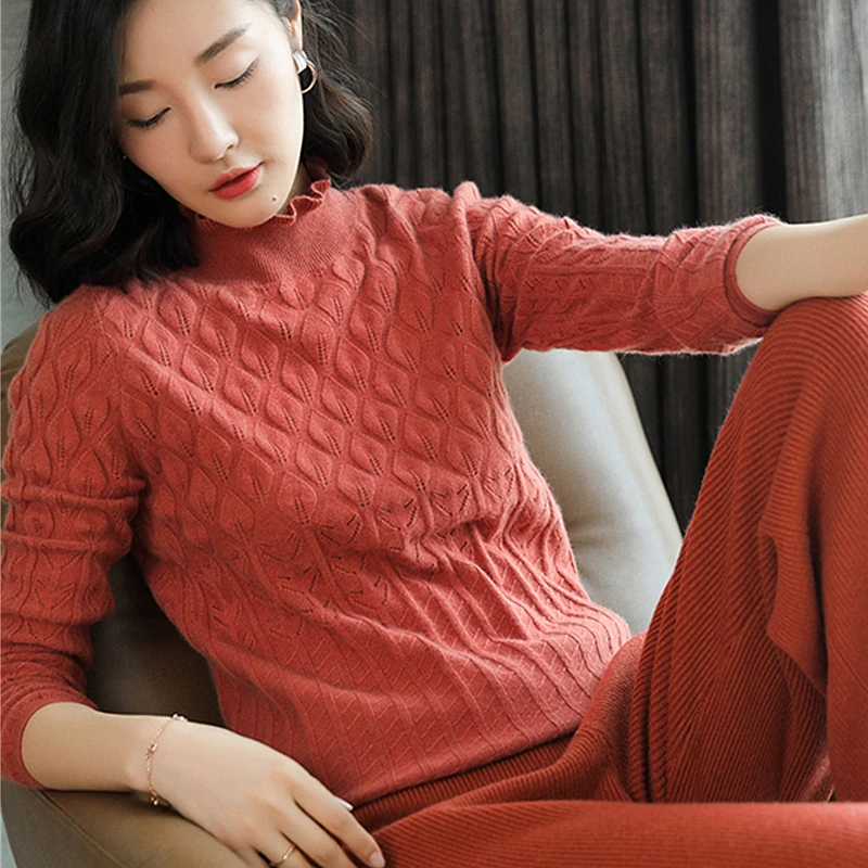

100% Cashmere Sweater Women 3D Knitted Turtlenec Neck Long Sleeves 3 Colors Ladies Casual Pullovers Knitwear 2018 New Fashion