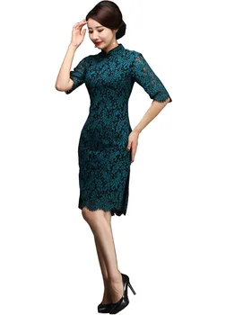 

Shanghai Story Lace Cheongsam with lining Half Sleeve Long Qipao Dress Dark Green Oriental Style Dresses For Women