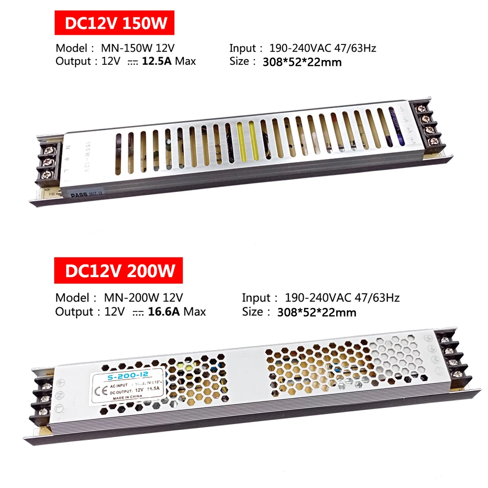 Ультра тонкий светодиодный Питание DC 12V 24V трансформаторы систем освещения 60W 100W 150W 200W 300W AC190-240V драйвер для Светодиодный полоски светодиодный драйвер