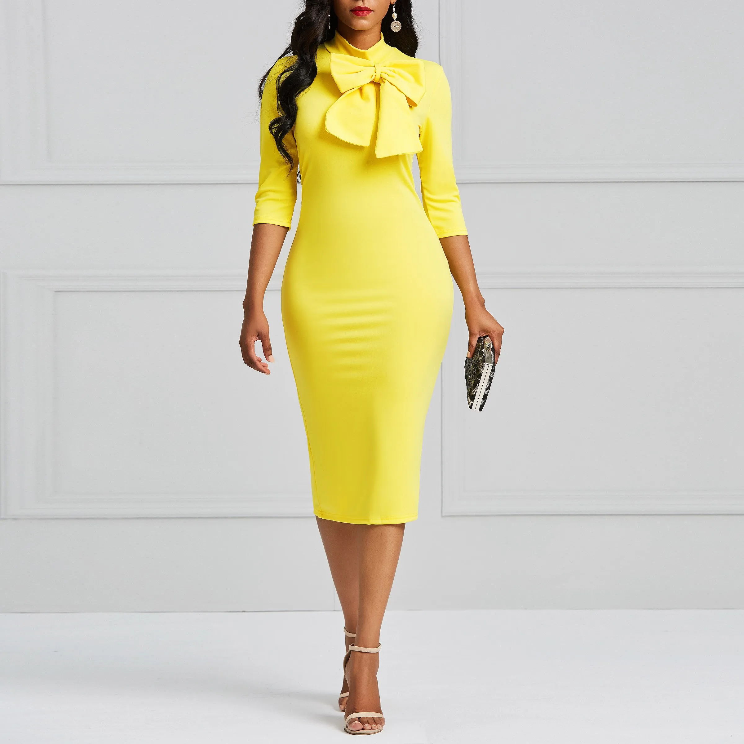 Women Midi Dress 2019 Summer Bowtie Half Sleeve Bodycon Elegant Stand Collar Party Dinner Yellow Female Ladies Dresses | Женская одежда