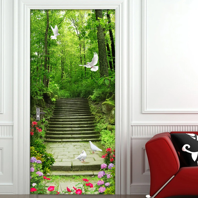 3D Door Sticker PVC Self-adhesive Waterproof Wall Painting Forest Small Road 3D Door Sticker Mural Wallpaper Papel De Parede 3D