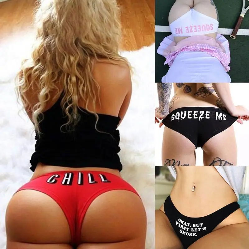 

Womens High Waisted Bikini Bottoms Sexy High Cut G-String Thong Funny Humor Letters Printed Swimsuit Panties Knicker Underwear