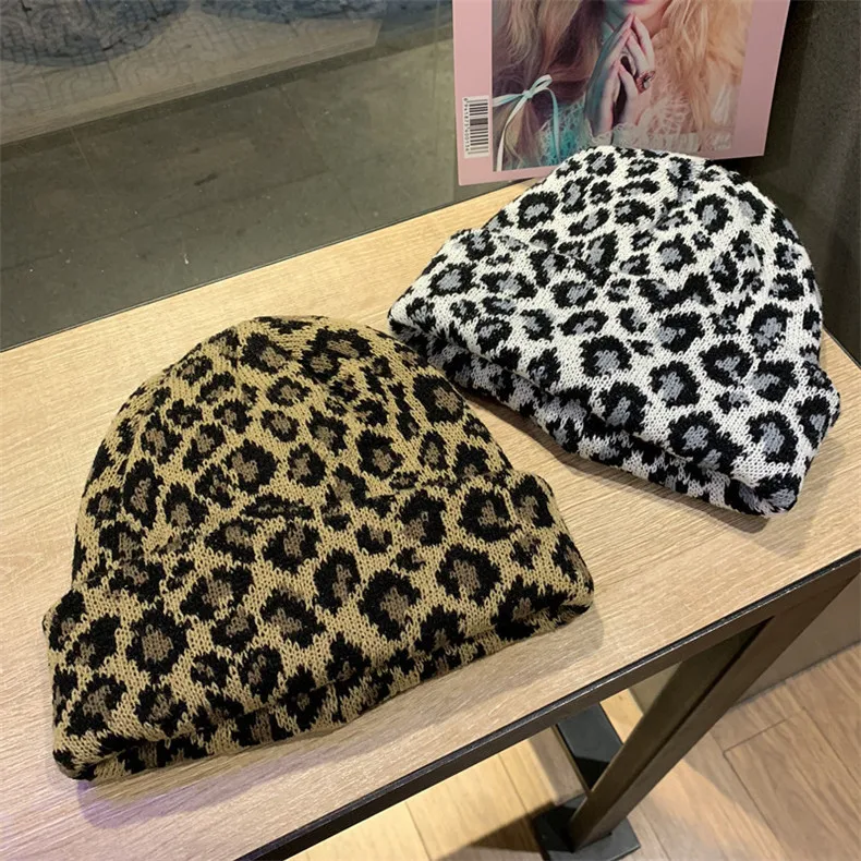 Леопардовые вязаные шапки с цветочным принтом для взрослых, зимние женские повседневные теплые вязаные шапочки Skullies, шапки