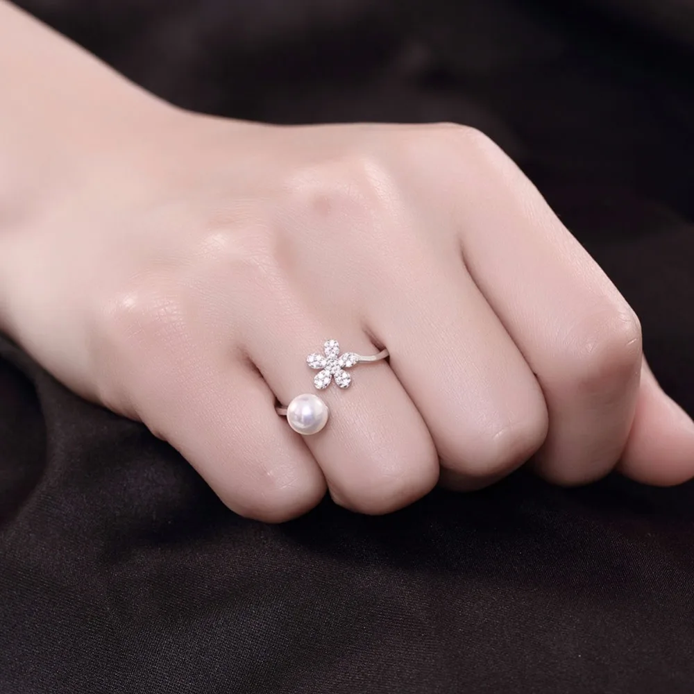 Simulated Pearl Jewelry Guarantee 925 Sterling Silver Ring Cubic Zirconia Adjustable Rings For Women (JewelOra RI102200)