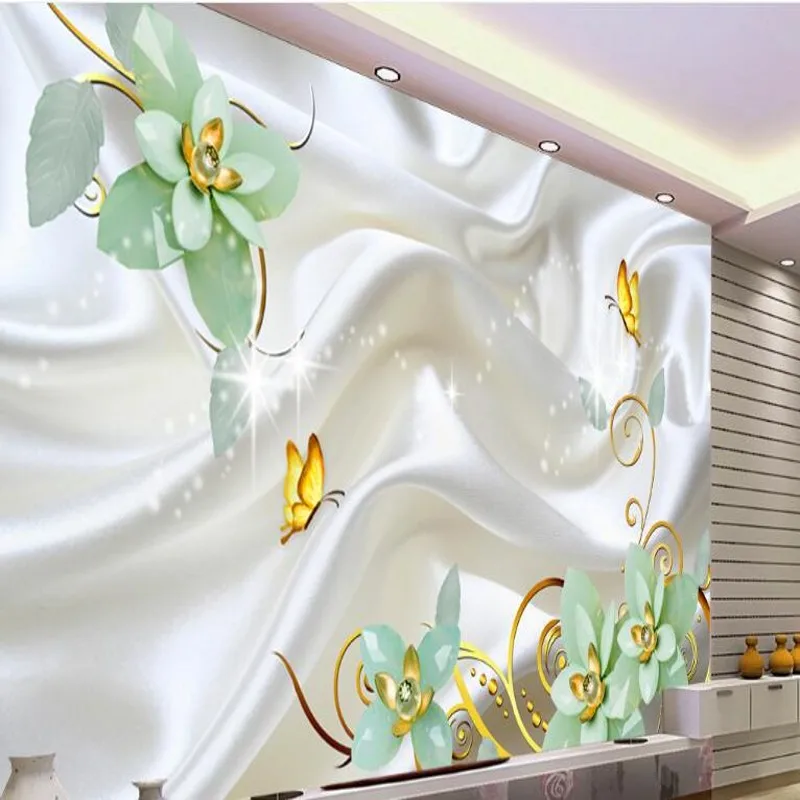 

beibehang Custom large fresco noble luxury silk star pearl flower TV backdrop super green wallpaper papel de parede para quarto