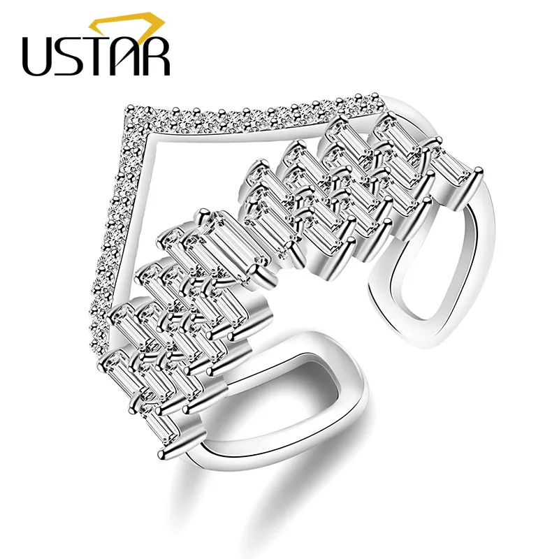 

USTAR NEW V word Crystals wedding Rings for women AAA Zircon Double layer finger ring female Jewelry Opening adjustable size