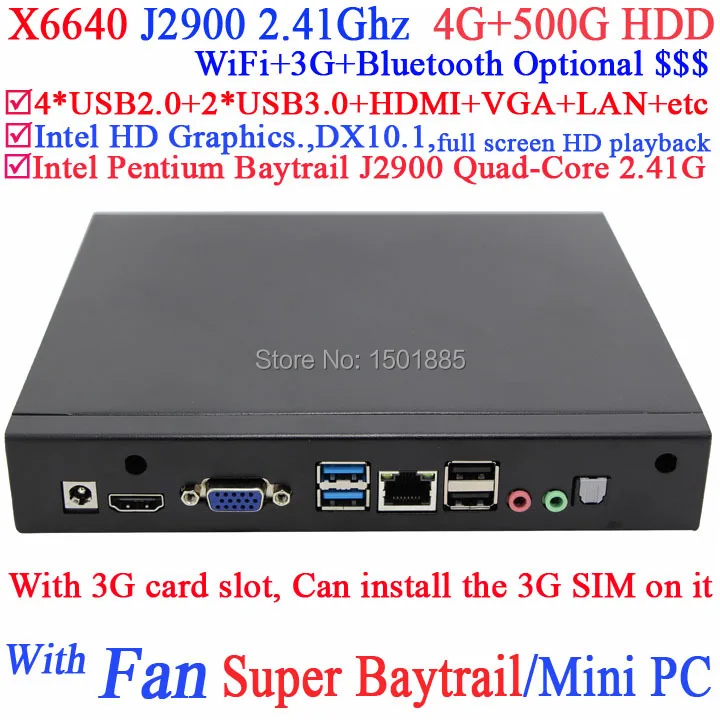 Intel Pentium Baytrail J2900 Quad Core MINI PC,small business desktops with 3G card slot can install the 3G SIM 4G RAM 500G HDD
