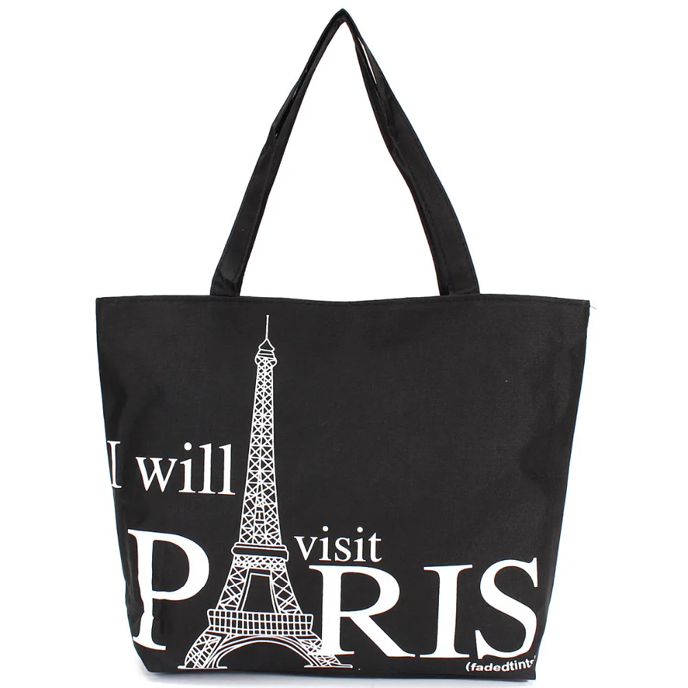 Large Space Women Canvas Handbag Zipper Shopping Shoulder Bag Paris Eiffel Tower Pattern Girls ...