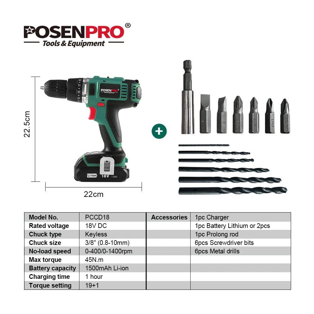 POSENPRO 18В 45нм DC литий ионный аккумулятор 3/8 дюйма 2 скоростная Электрическая