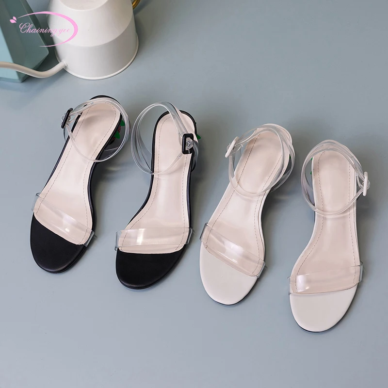 

Chinese nightclub style summer sandals transparent buckle white black natural leather strawberry medium heel chunky women shoes