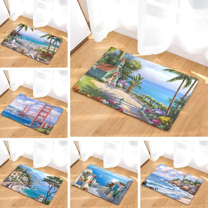 Bath Mat Landscape Printed Suede Non Slip Shower Mat Bathroom Carpet