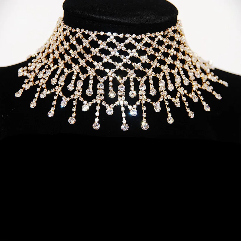 Женское Ожерелье-чокер с множеством кристаллов, длинное ожерелье на свадьбу, вечеринку, выпускной, Рождество, сексуальные золотые стразы