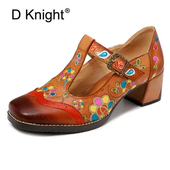 

Fashion Cow Leather Women High Heel Shoes Ankle T-Strap Square Toe Girls Party Wedding Shoes Spring Summer Women Pumps High Heel