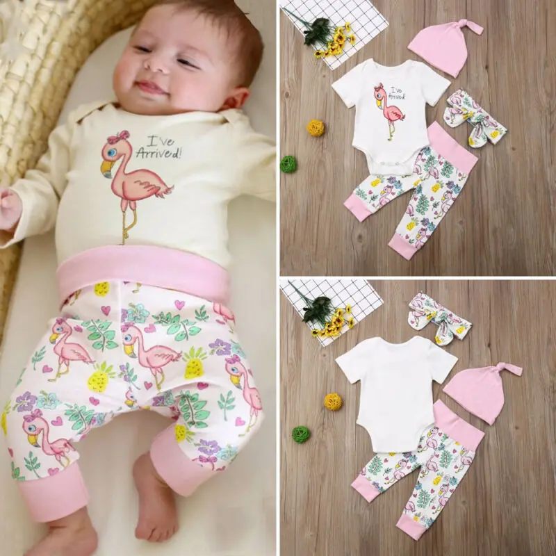 

New Fashion Kids Infant Baby Girl Boy Romper Short Sleeve O-Neck Bodysuit + Long Pants Flamingo 4PCS Clothes Set Outfits