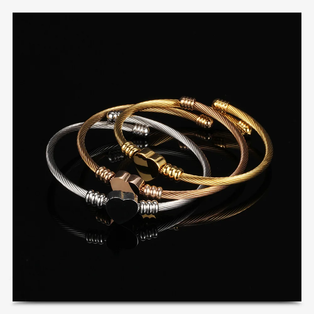 Stainless Steel Twisted Cable Wire Heart Charms Bracelets Bangles Gold Silver Color Open Adjustable Bracelet for Women Jewelry