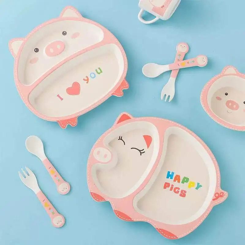 

5pcs/set Latest Children's Tableware Bamboo Fiber Baby Feeding Tableware Set Fashion Environmental Health Safe Tableware