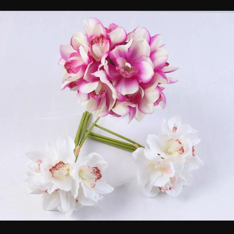 Flone 6 Heads Artificial Cymbidium Flowers Simulation Orchid Bouquet Real Touch Fake Flowers For Wedding Home Party Decoration (2)