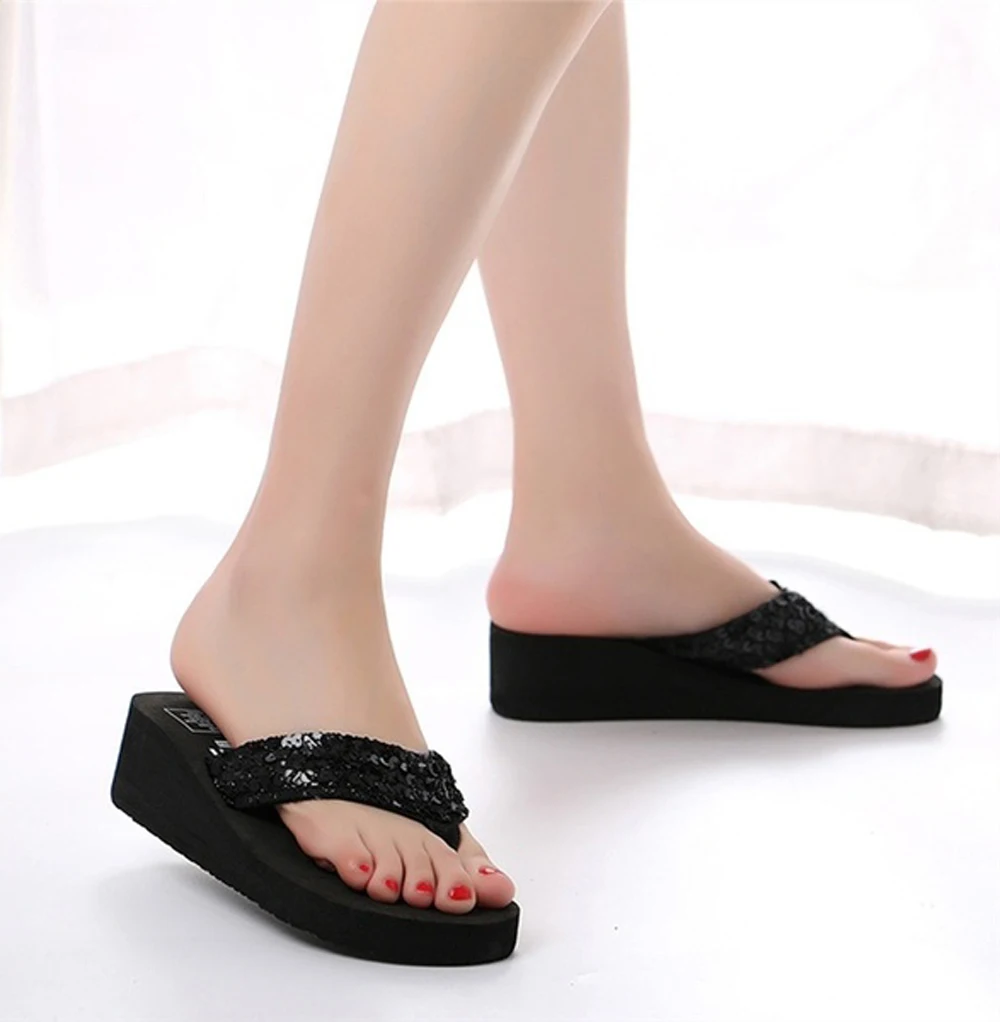 

Casual Flip-flops Slippers Summer Sequins Anti-Slip Sandals Home Slippers Women High Heel Wedges Sandals Black Flatform Shoes