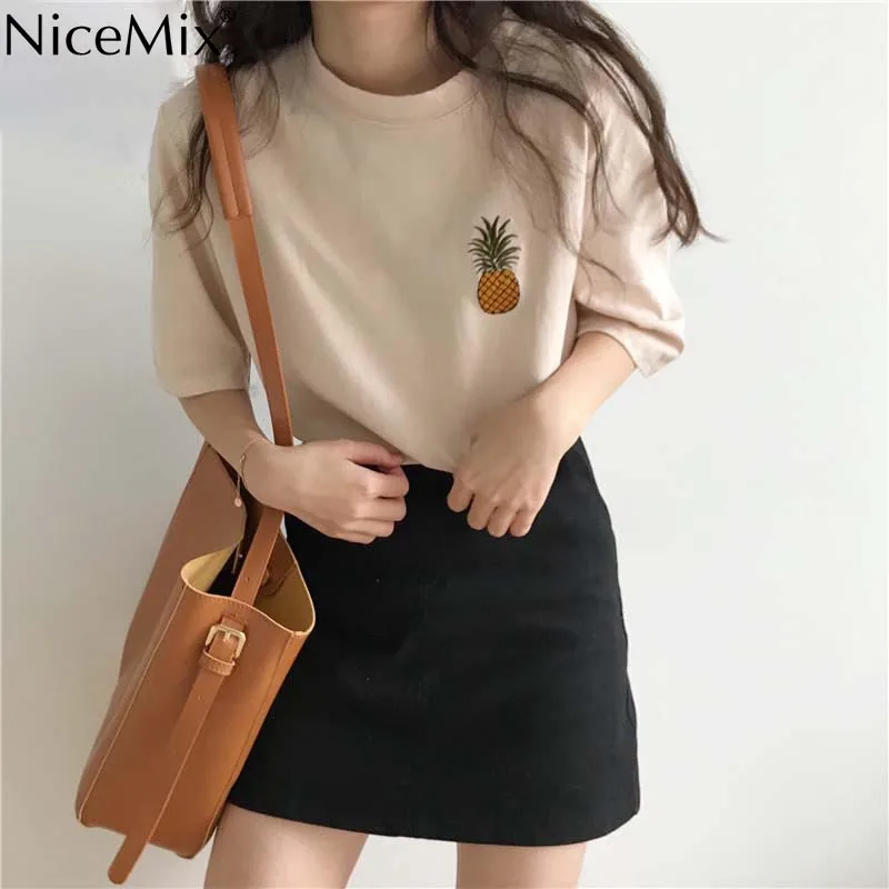 

NiceMix 2019 Summer Harajuku T Shirt Women Casual Loose Tops Embroided Pineapple Tee Shirt Femme