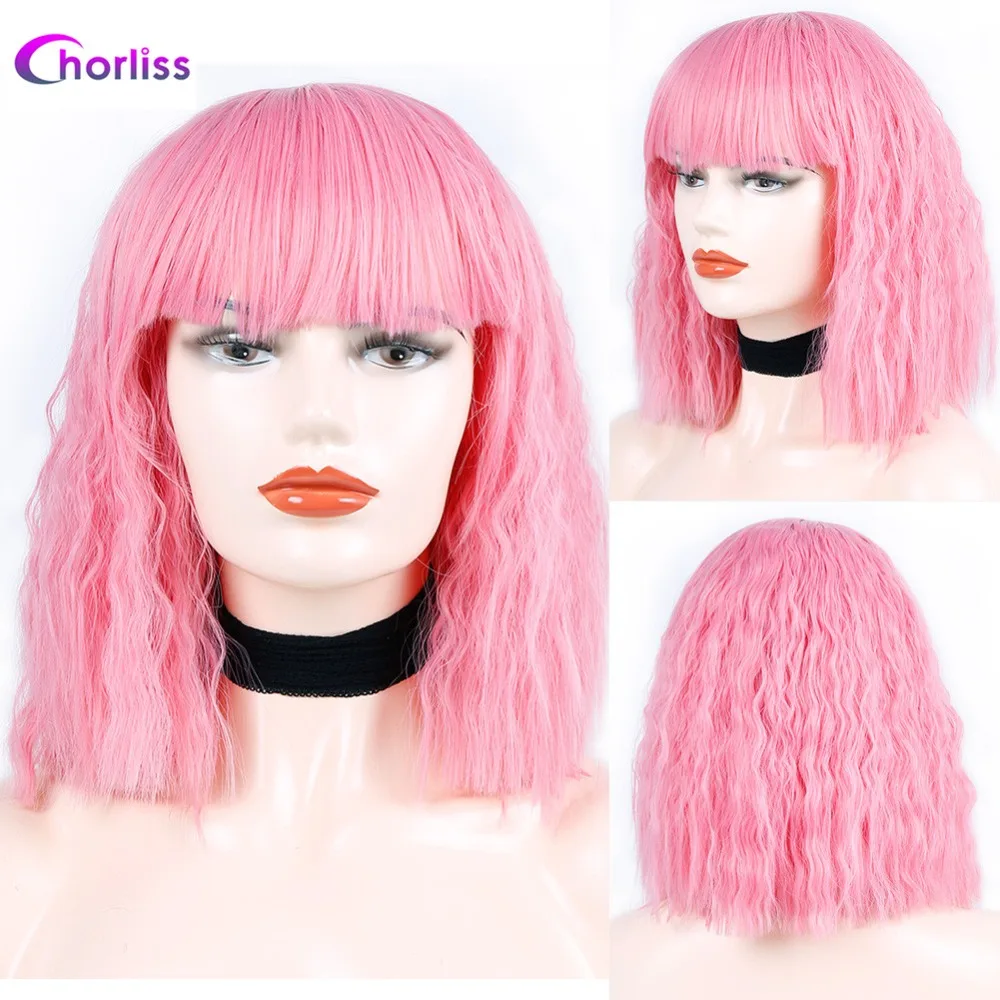 Chorliss Synthetic Wig Full Wigs Bangs Water Wave Short Women Wig Pink Blonde Gold Grey  (5)