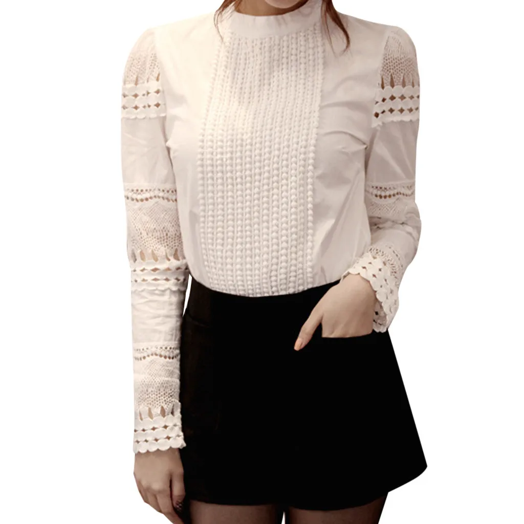 Women Blouse 2019 Women Floral Lace Button Down Long Sleeve Casual Solid Work Tee Shirt Blouse Top